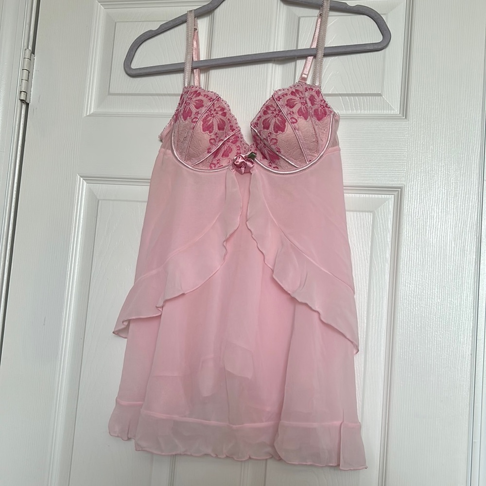 Vintage  Delicates Pink floral Embroidered sheer slip lingerie dress Size Medium
